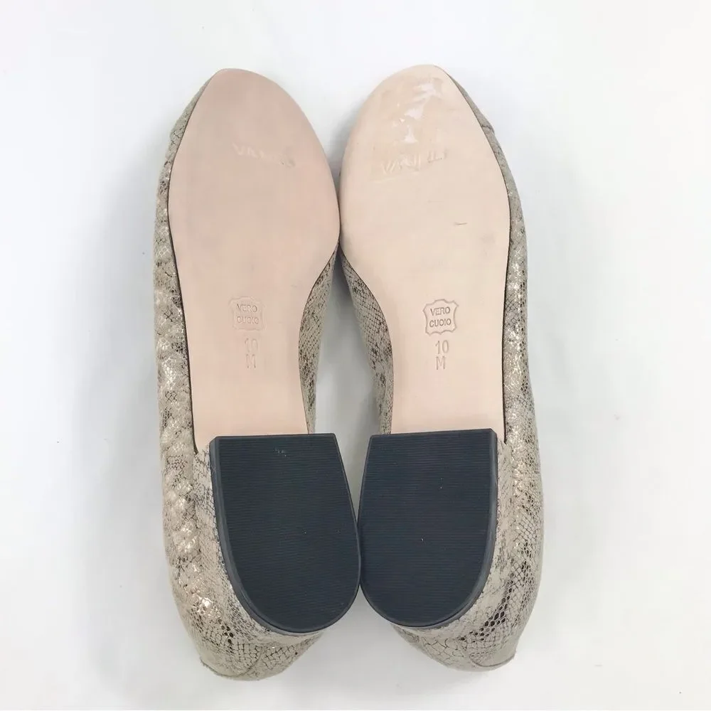 VANELi Tan Metallic Gold Snakeskin Leather Cap Toe Low Heel Classic Ballet Flats